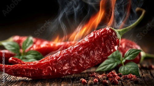 A vibrant red chili pepper with flames and smoke on a dark wooden surface, surrounded by basil leaves and peppercorns.