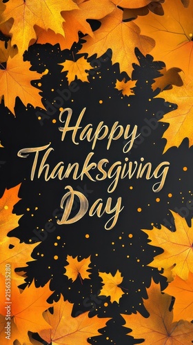 Happy Thanksgiving Day Card with Calligraphy Text and Golden Maple Leaves Decorative in Dark Background Illustration.