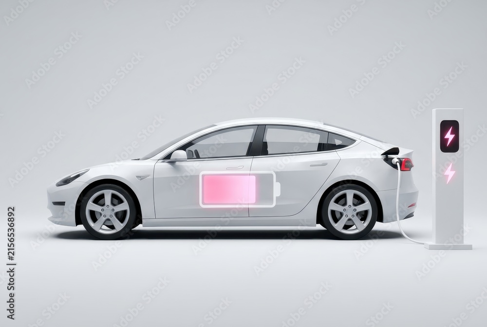 Fototapeta premium White Electric Vehicle Charging at Station with Low Battery Icon Overlay on Clean Background