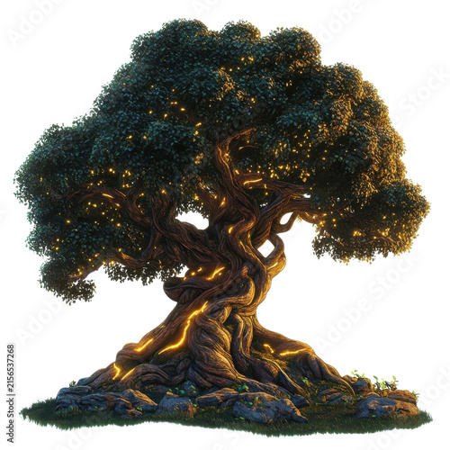 Radiant Ancient Fantasy Tree with Glowing Golden Veins Transparent PNG Illustration