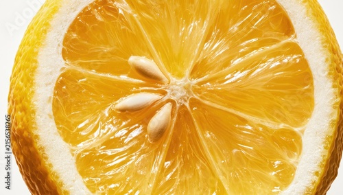 Close-up Macro Shot of a Juicy Lemon Slice with Seeds.