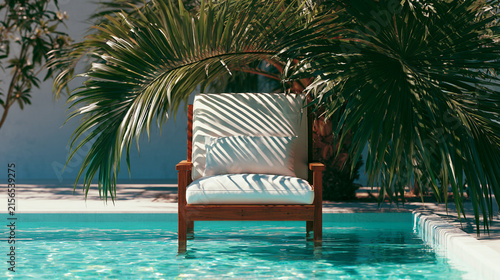 Wooden armchair with white cushions in a swimming pool