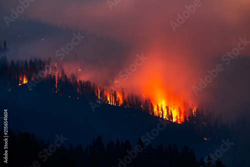 A large wildfire burns on a mountainside at night