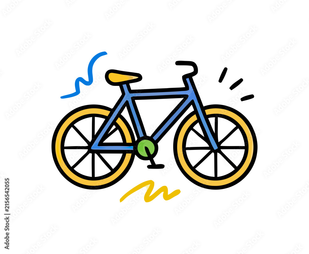 Fototapeta premium A cheerful blue bicycle with yellow wheels rides along with playful abstract shapes and lines
