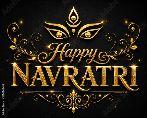Elegant Happy Navratri Greeting with Golden Goddess Eyes and Ornamental Black Background