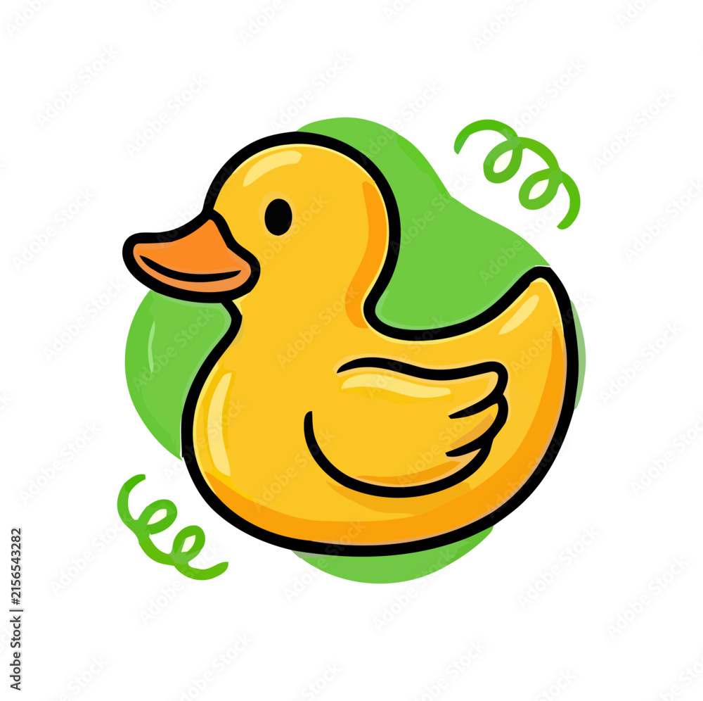Fototapeta premium A cute yellow rubber duck floats happily with green swirls around it