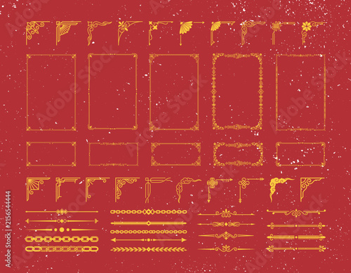 golden asian decorative frames corners and borders for chinese new year event design.