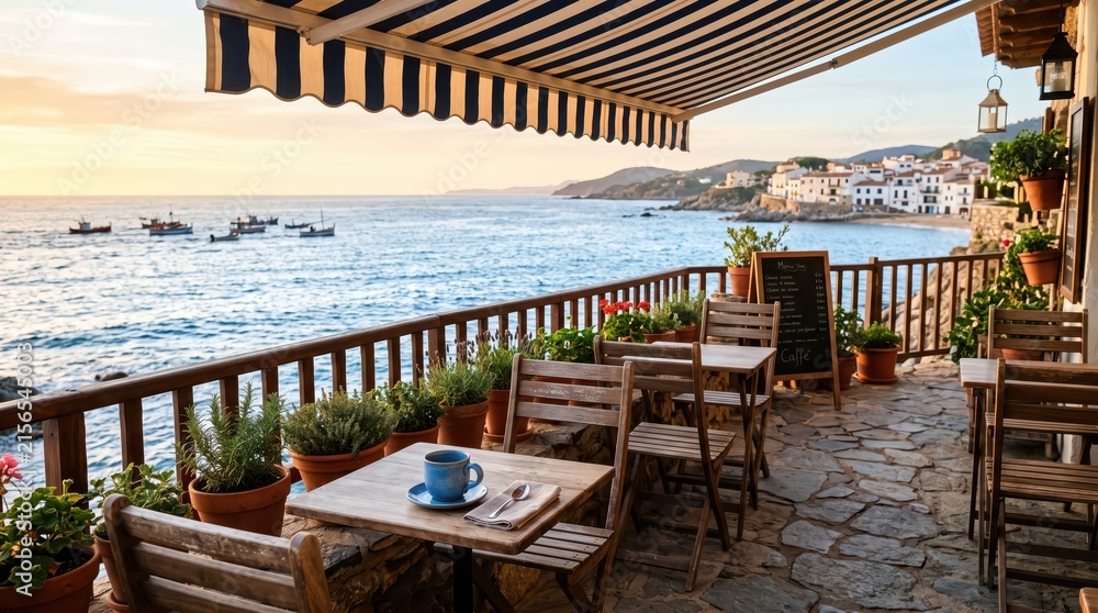Fototapeta premium Seaside cafe terrace with wooden tables and chairs overlooking calm blue sea and coastal village at sunrise, empty outdoor dining setting with potted plants