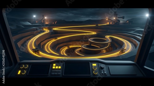 Interior cockpit view of an automated open pit mine operating at night