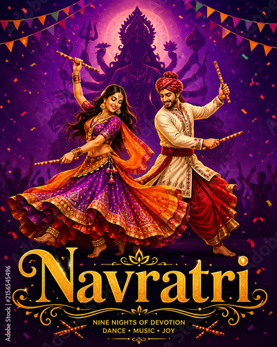 
Navratri Garba Celebration with Dandiya Dance, Goddess Durga and Vibrant Indian Festival Decor