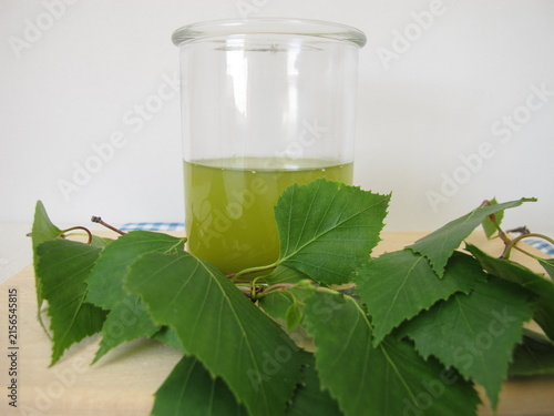 A glass of freshly squeezed birch leaf juice