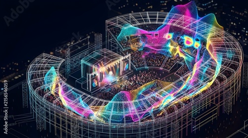 Neon wireframe stadium concert stage with abstract holographic crowd