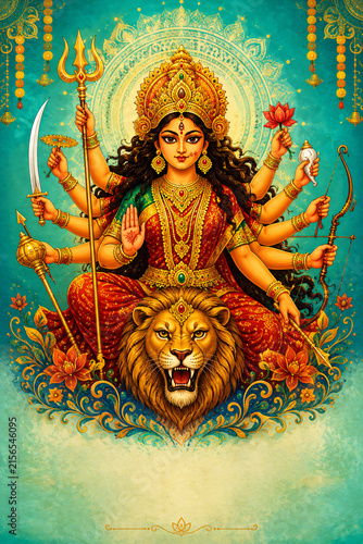 Goddess Durga Riding a Lion with Sacred Symbols and Decorative Indian Festival Background
