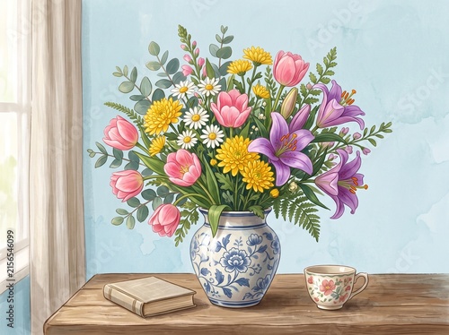 Vibrant floral bouquet with pink tulips, purple lilies, and daisies in a patterned glass vase on a wooden table.