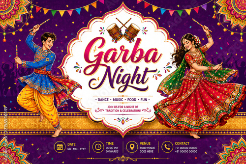 Garba Night Festival Poster Featuring Traditional Dandiya Dancers and Colorful Navratri Celebration