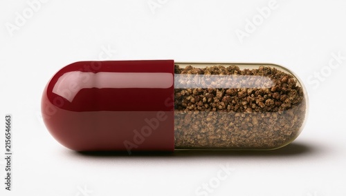 Close-up of a single red and clear capsule filled with granular substance on a white background.