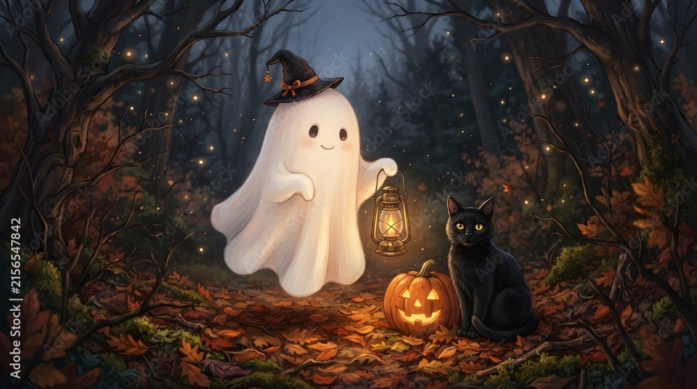 Obraz premium Friendly Halloween Ghost with Witch Hat and Lantern in an Enchanted Autumn Forest