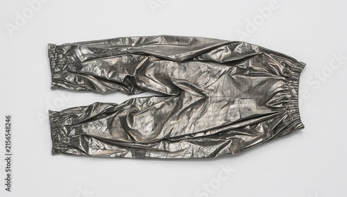 Ruched Metallic Lamé Parachute Pants on White Background