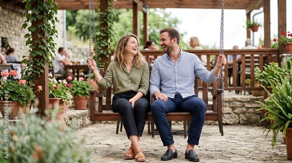 Fototapeta premium Joyful couple laughing on a wooden swing at an outdoor restaurant terrace. Happy man and woman on a date in a garden cafe. Summer lifestyle concept