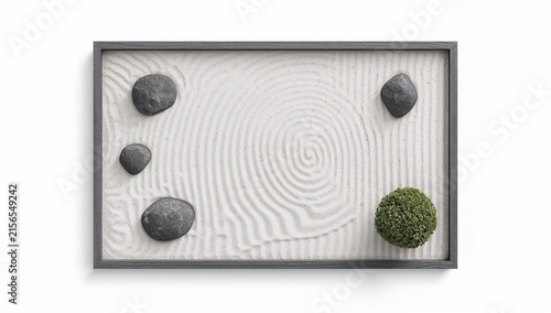 Zen Garden with Raked Sand, Smooth Stones, and Green Bush in Wooden Frame