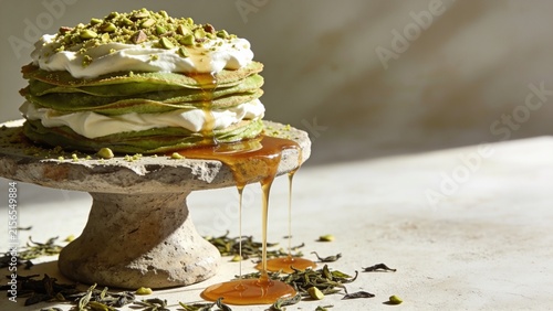 Layered Matcha Crepe Cake with Whipped Cream, Pistachios, and Caramel Drizzle