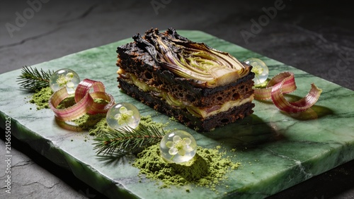 Roasted chicory root cake with clear spheres and green powder on marble