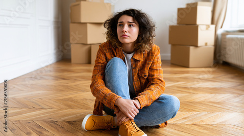 Young woman sitting on the floor in a new apartment surrounded by boxes