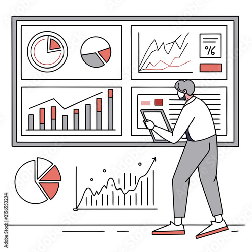 Business analyst examining financial data charts on a large wall display with graphs and statistical information