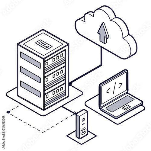 Cloud computing network infrastructure with server rack and laptop displaying code for data storage management