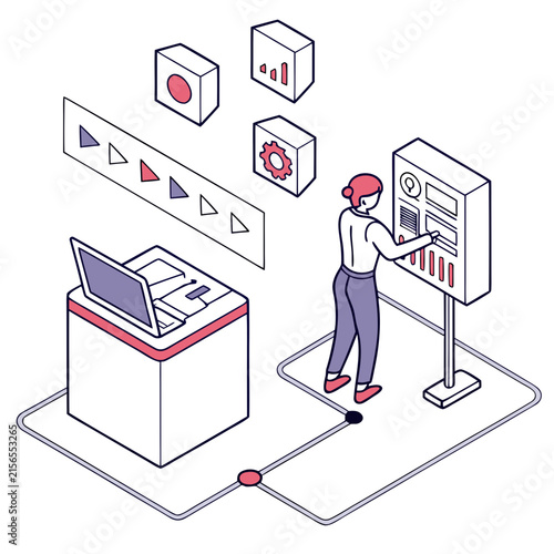 Woman interacting with digital control panel and data visualization dashboards in a modern technology setting