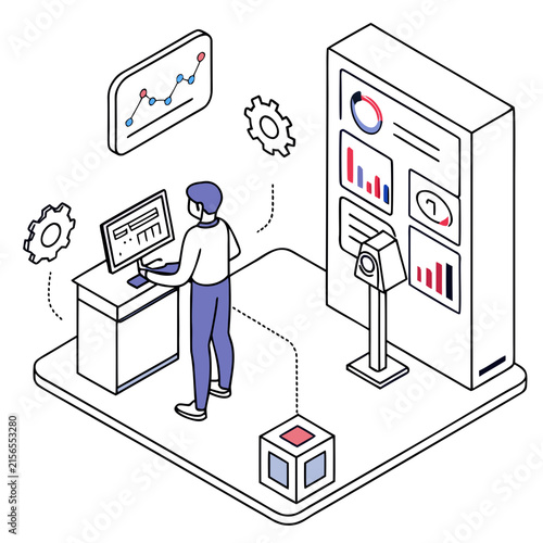 Business analyst working at desk with computer and large data visualization dashboard for performance tracking