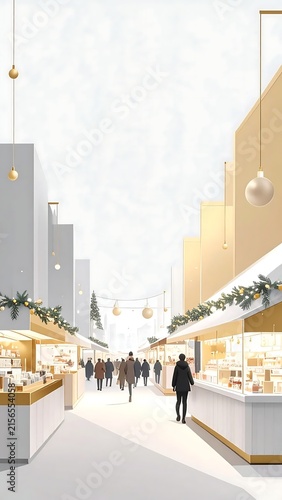 Modern Christmas market street with festive stalls and pedestrians.