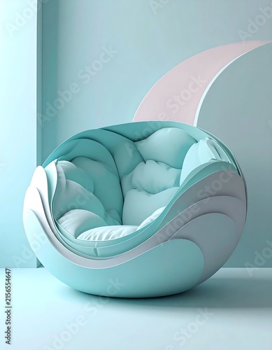 Modern spherical armchair in pastel mint and soft white tones.