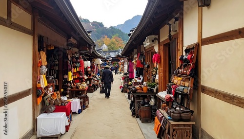 Narrow Alleyway in a Traditional Korean Folk Village with Shops.