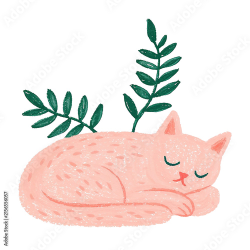 Cute cozy sleeping cat illustration with green plants around it