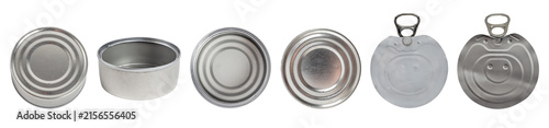 Fotografía A collection set of various shallow metal food cans and components, including closed cans, an open container, bottom views, and ring-pull peel-off lids, isolated on a transparent background