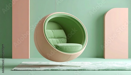 Modern spherical egg chair in a minimalist pastel room.