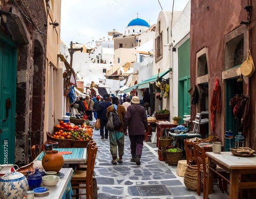 Narrow stone street in Oia village on Santorini island Greece with people walking and souvenir shops.