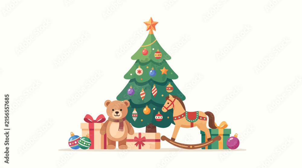 Fototapeta premium A charming illustration of a decorated Christmas tree surrounded by festive gifts, a teddy bear, and a rocking horse, evoking holiday cheer.