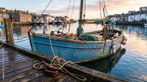 Blue wooden fishing boat moored at old harbor pier during calm sunrise; seaside waterfront setting with ropes, reflections and tranquil mood