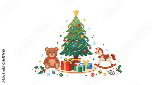 A festive illustration of a decorated Christmas tree surrounded by presents, a teddy bear, and a rocking horse, set against a white background.