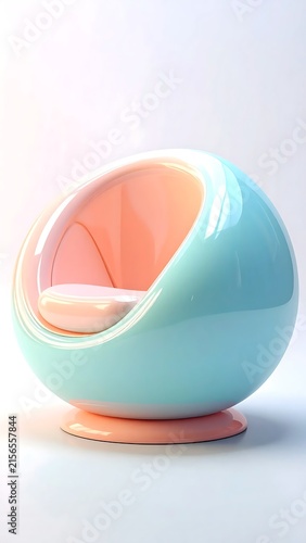 Modern spherical egg chair with pastel blue and pink design.