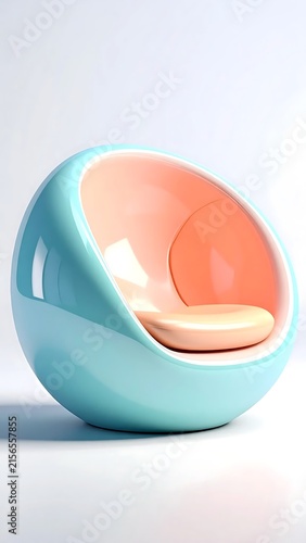 Modern spherical egg chair with pastel blue exterior and peach interior.