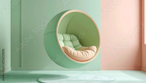 Modern spherical hanging chair in pastel green and pink minimalist room.