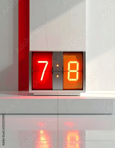 Modern minimalist digital clock displaying time with glowing red and orange numbers.