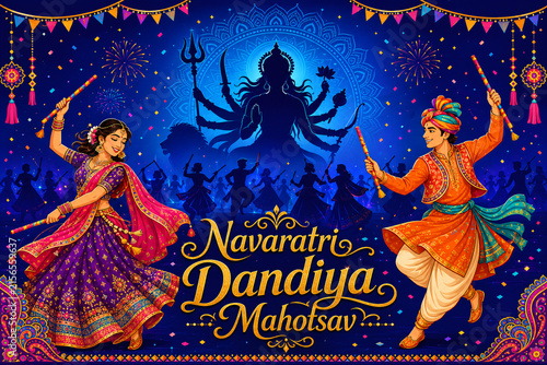 Navratri Dandiya Mahotsav celebration with traditional dancers, festive lights and Goddess Durga silhouette
