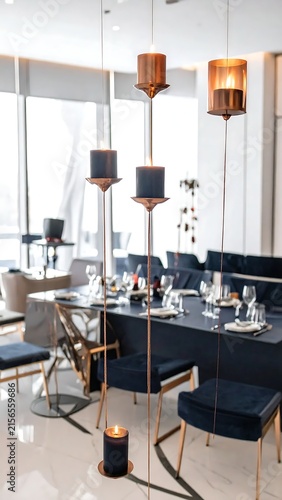 Modern minimalist dining room interior with unique hanging candle lights.