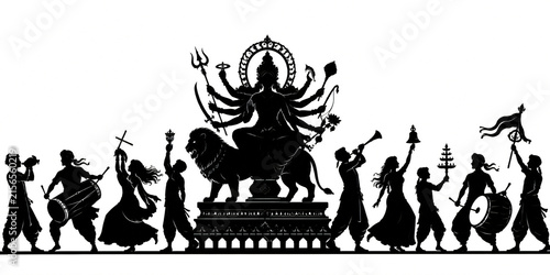 Navratri celebration silhouette with Goddess Durga, Garba dancers and traditional Indian festival musicians