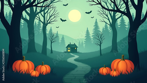A Spooky Halloween Scene Featuring A Haunted House And Bright Orange Pumpkins