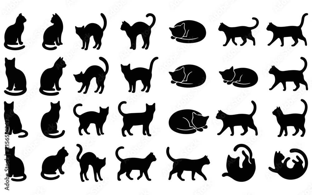 Fototapeta premium Minimalist black cat silhouettes icon set in various poses and walking positions.